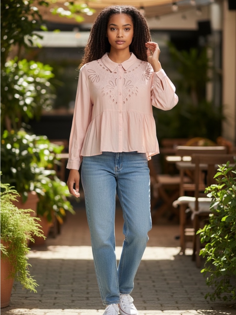 Umgee USA Pink Eyelet Embroidered Babydoll Button Front Tunic Blouse NWT Medium